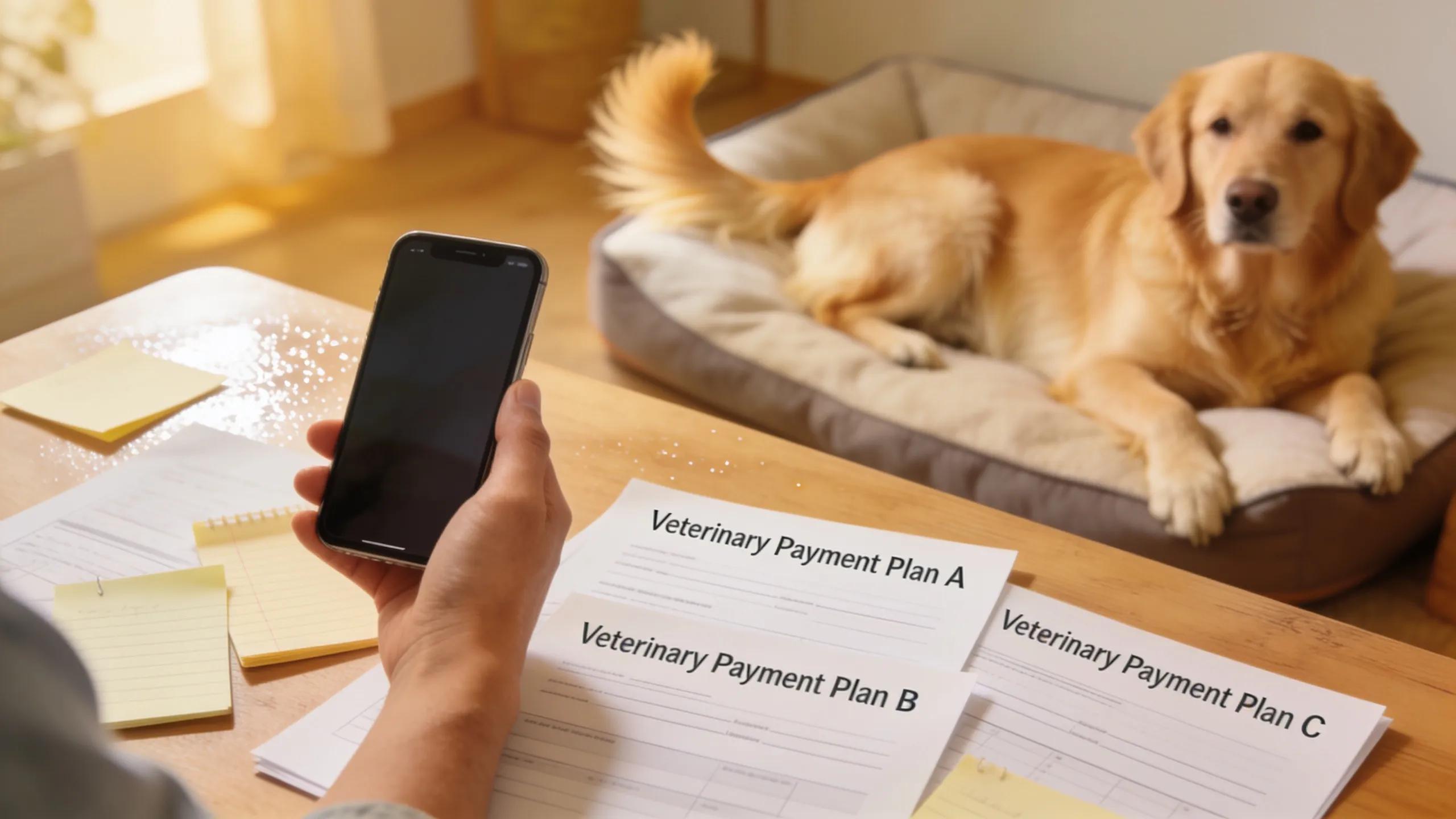 Pet owner exploring veterinary financing options and payment plans on a smartphone