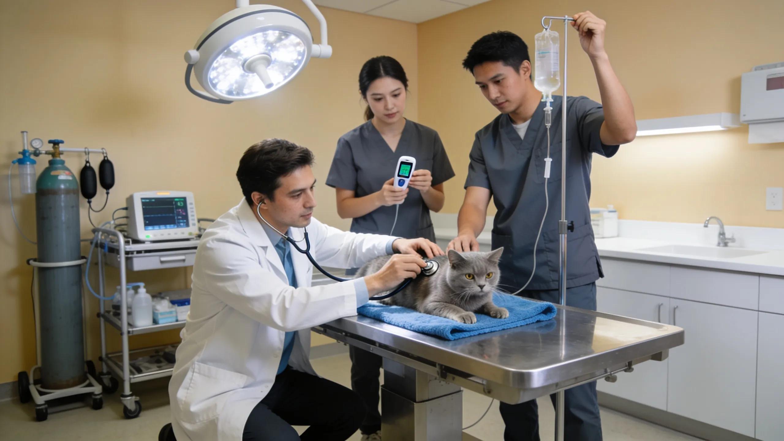Veterinarian examining cat with IV drip during emergency triage, providing affordable cardiac care.