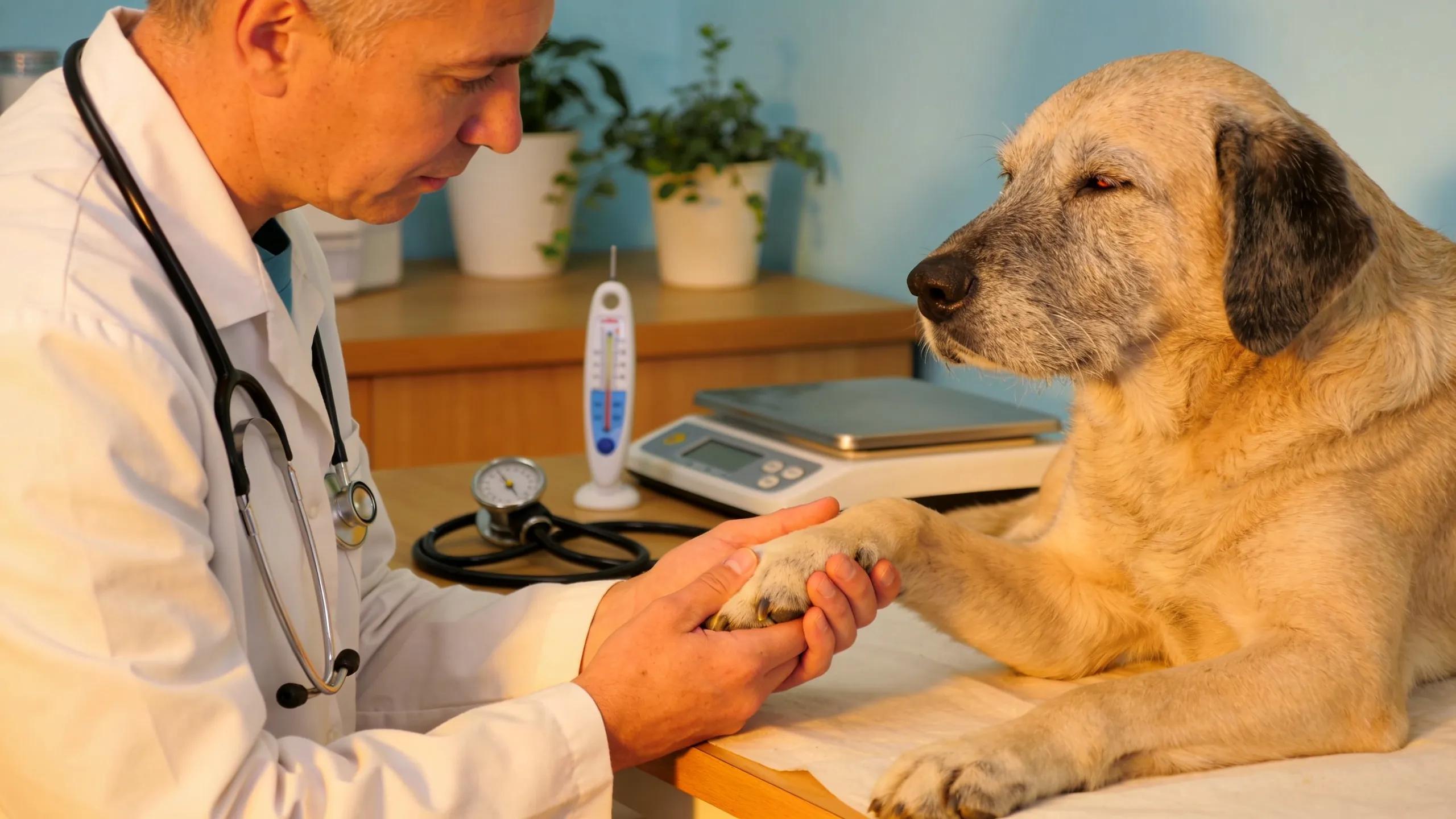 Veterinarian conducting a comprehensive exam on a senior dog, illustrating the significance of routine veterinary check-ups for aging pets.